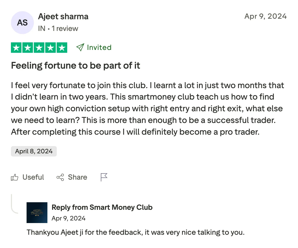 5-star Trustpilot review by Ajeet Sharma, with Smart Money Club's reply