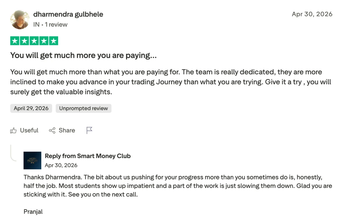 5-star Trustpilot review by Dharmendra Gulbhele with Pranjal's reply