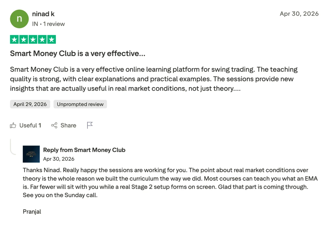 5-star Trustpilot review by Ninad K with Pranjal's reply about teaching real market conditions over theory