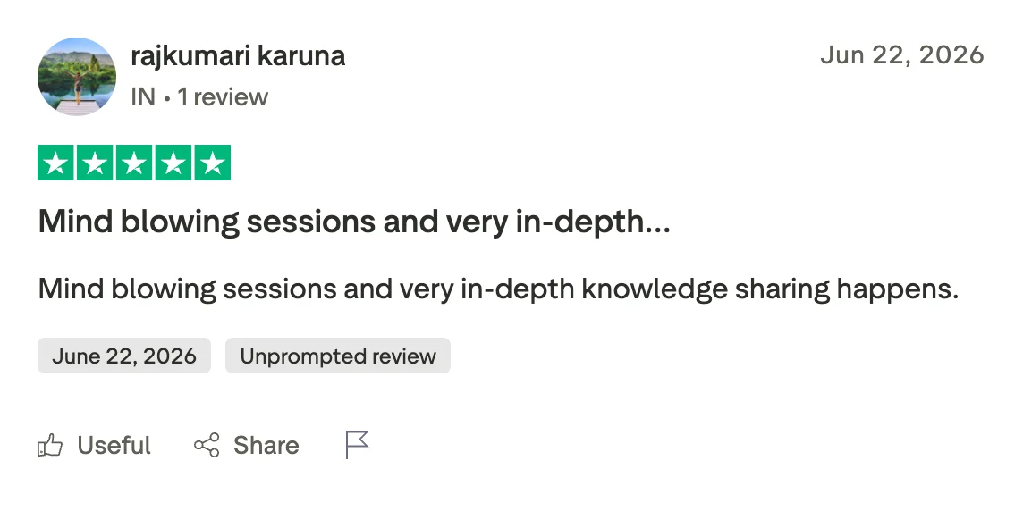 5-star Trustpilot review by Rajkumari Karuna: mind blowing sessions and in-depth knowledge sharing